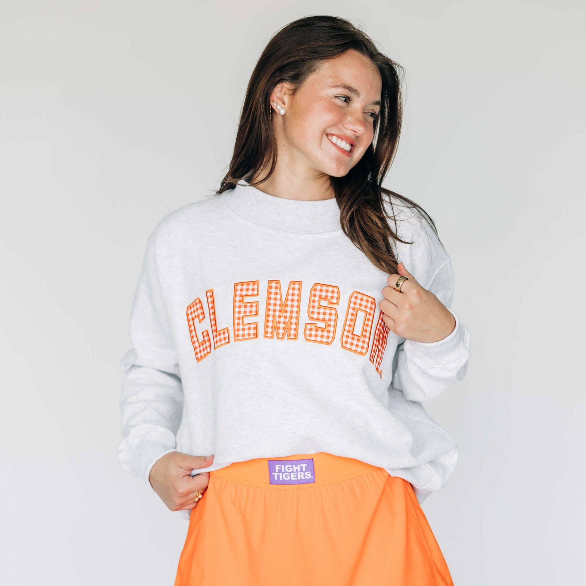 The Mallory Mockneck Clemson Gingham | Ash – Scarlet & Gold