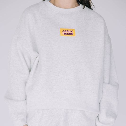 The Becca Boxy Crewneck Geaux Tigers Woven Label | Ash