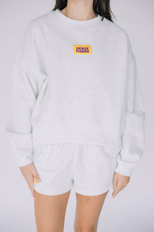 The Becca Boxy Crewneck Geaux Tigers Woven Label | Ash