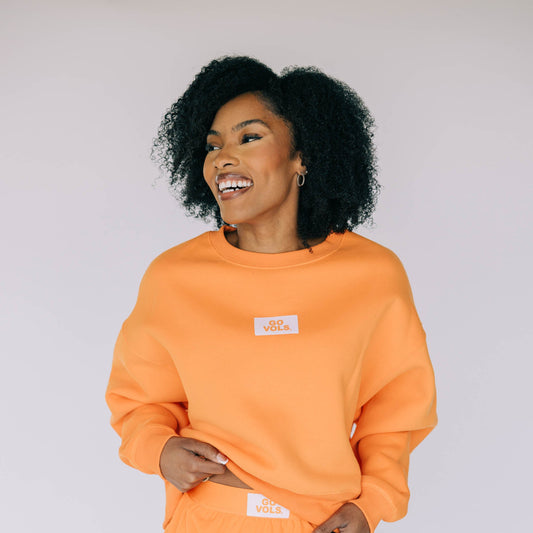 The Becca Boxy Crewneck Go Vols Woven Label | Bright Orange