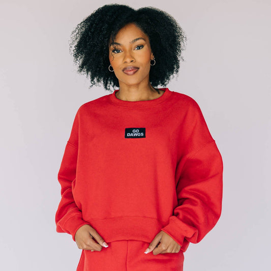 The Becca Boxy Crewneck Go Dawgs Woven Label | Bright Red
