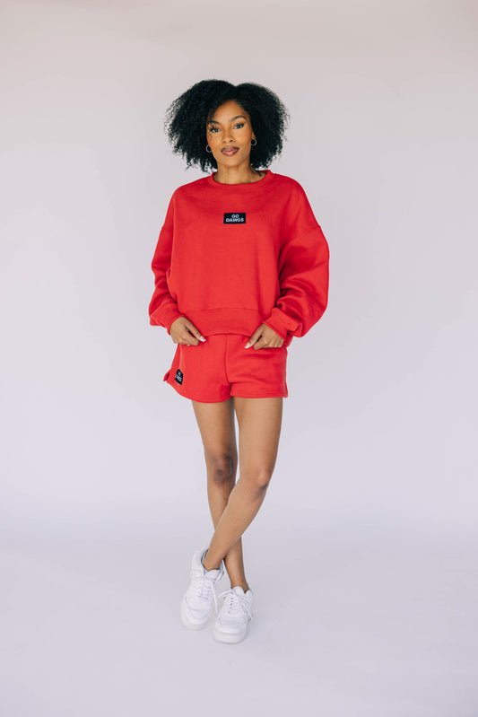 The Becca Boxy Crewneck Go Dawgs Woven Label | Bright Red