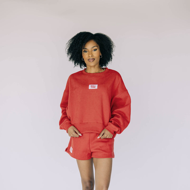 The Becca Crewneck Crimson | Roll Tide Woven Label