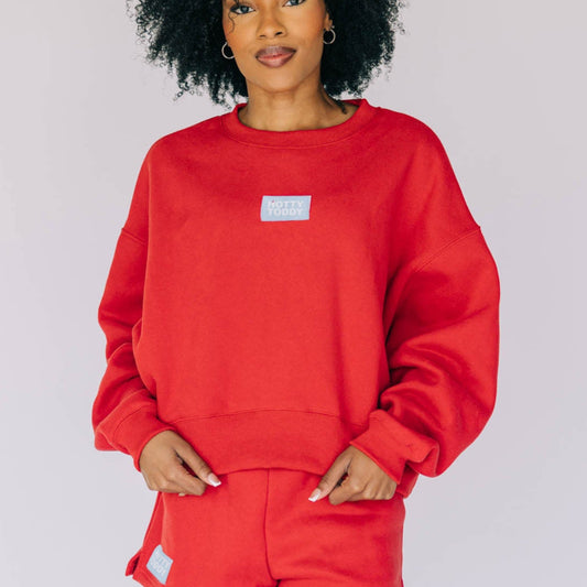 The Becca Boxy Crewneck Hotty Toddy Woven Label | Bright Red