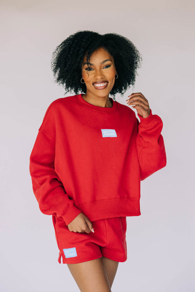 The Red Becca Crewneck | Hotty Toddy Woven Label