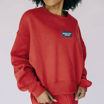 The Becca Boxy Crewneck Woo Pig Sooie Woven Label | Crimson