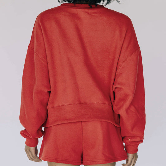 The Becca Boxy Crewneck Woo Pig Sooie Woven Label | Crimson