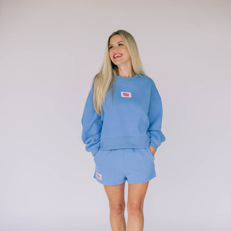 The Bright Blue Becca  Crewneck | Roll Tide Woven Label