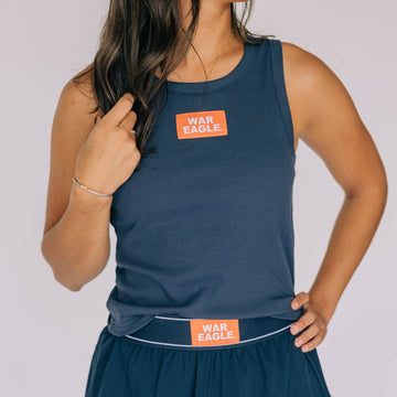 The Alli Ribbed Tank War Eagle Woven Label | Navy