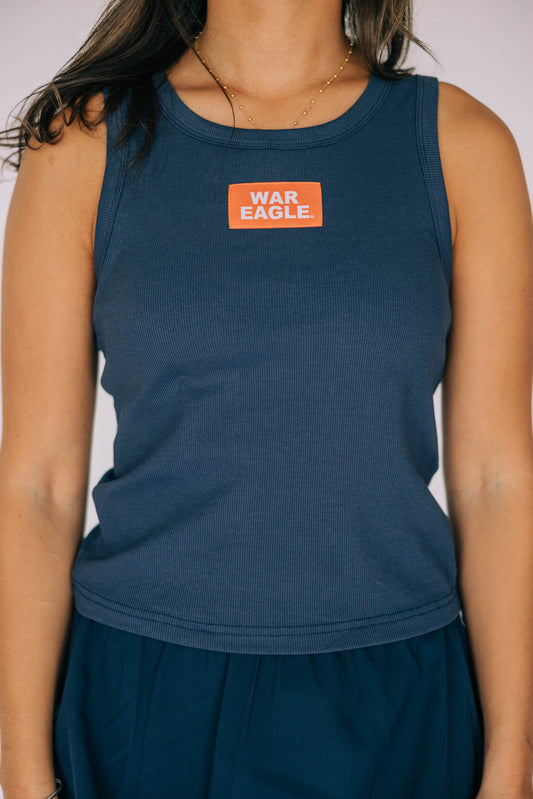 The Alli Ribbed Tank War Eagle Woven Label | Navy
