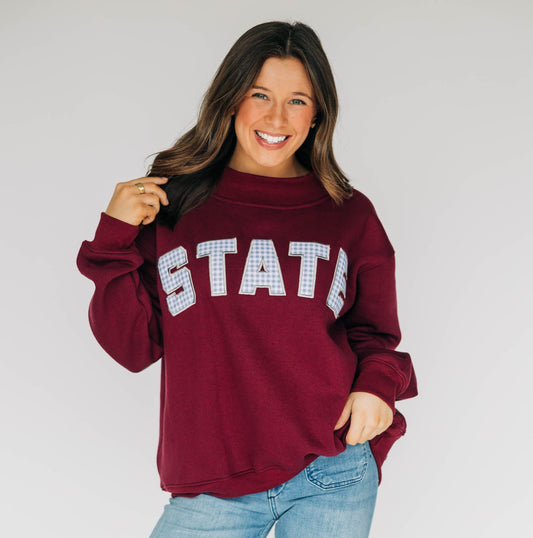 The Mallory Mockneck Mississippi State Gingham | Deep Maroon