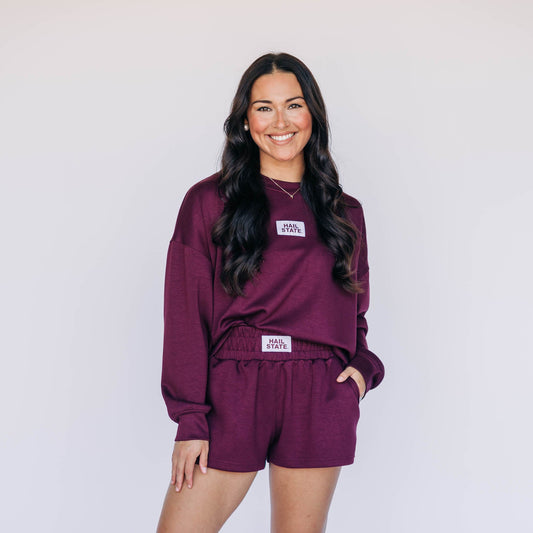 The Ava Airy Crewneck Hail State Woven Label | Deep Maroon