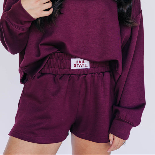 The Ava Airy Shorts Hail State Woven Label | Deep Maroon