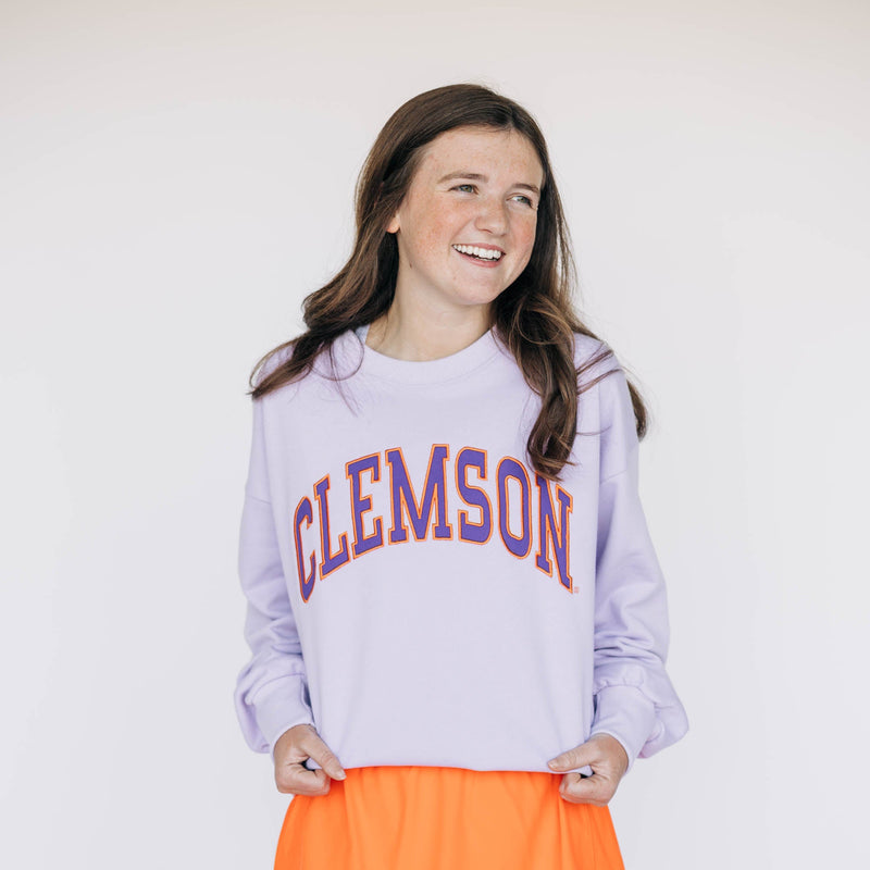 The Lavender Mallory Crewneck | Clemson Applique Arch