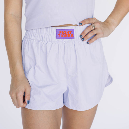 The Liz Nylon Shorts Fight Tigers Woven Label | Lavender