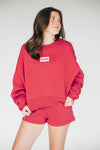 The Becca Boxy Crewneck Boomer Sooner Woven Label | Crimson