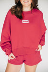 The Becca Boxy Crewneck Boomer Sooner Woven Label | Crimson
