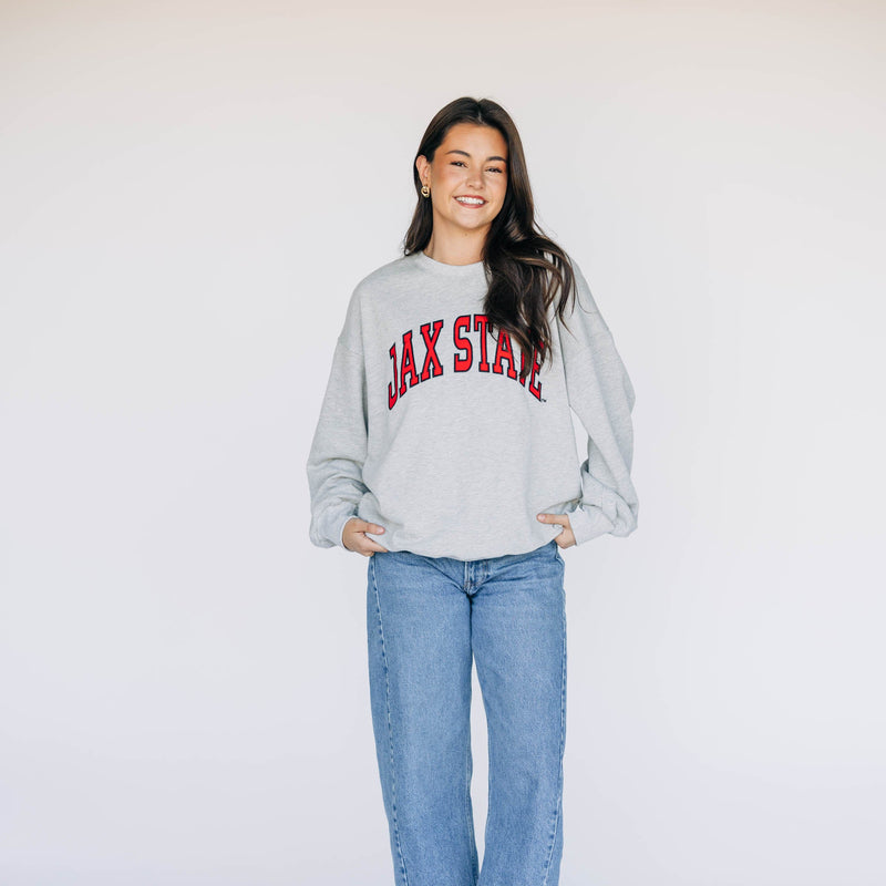 The Heather Grey Mallory Crewneck | Jax State Applique Arch