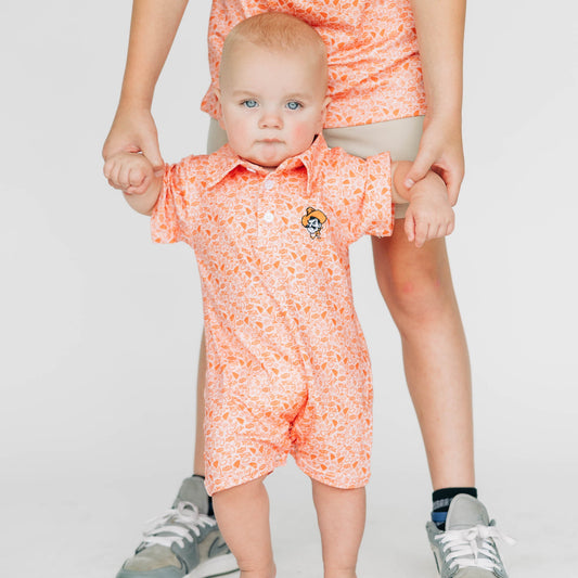 The James Romper Oklahoma State Pattern | Baby Orange