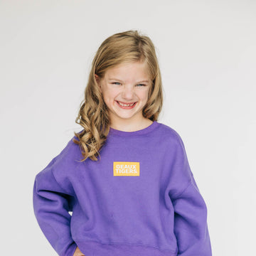The Becca Boxy Crewneck Geaux Tigers Woven Label | Youth Purple