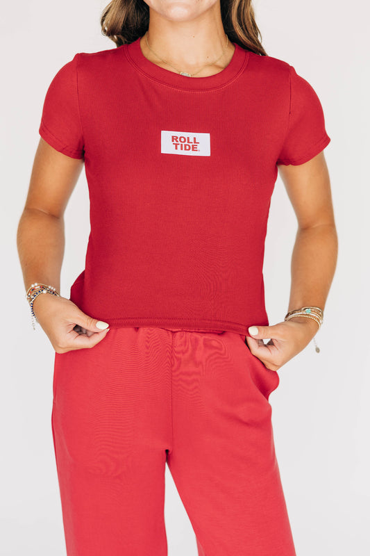 The Raegan Ribbed Baby Tee Roll Tide Woven Label | Crimson