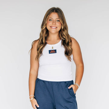 The Alli Ribbed Tank War Eagle Woven Label | White