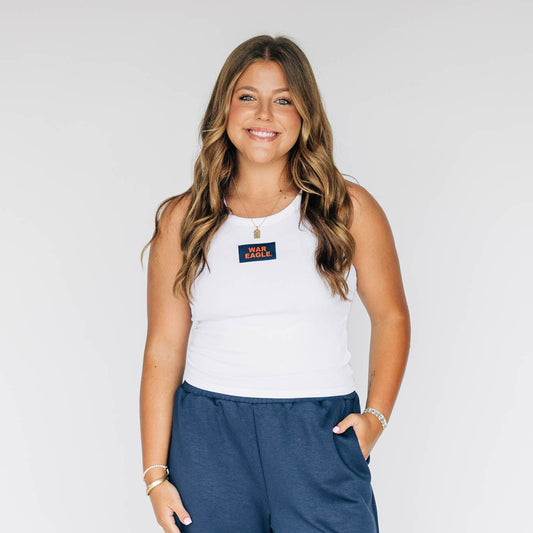 The Alli Ribbed Tank War Eagle Woven Label | White