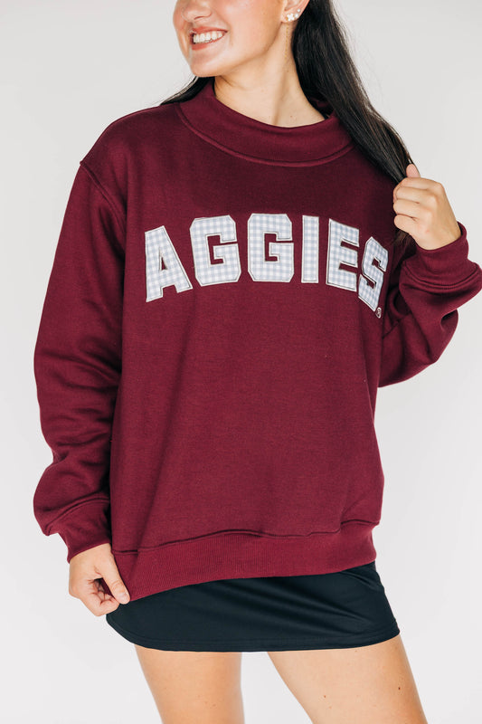 The Mallory Mockneck Texas A&M Gingham | Deep Maroon