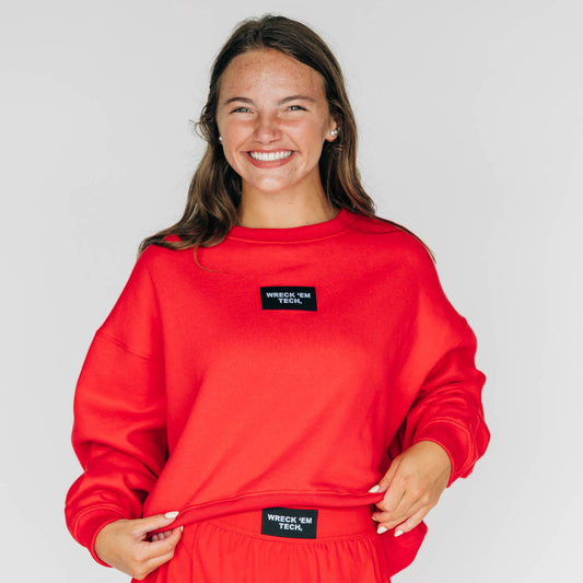 The Becca Boxy Crewneck Wreck 'Em Tech Woven Label | Bright Red