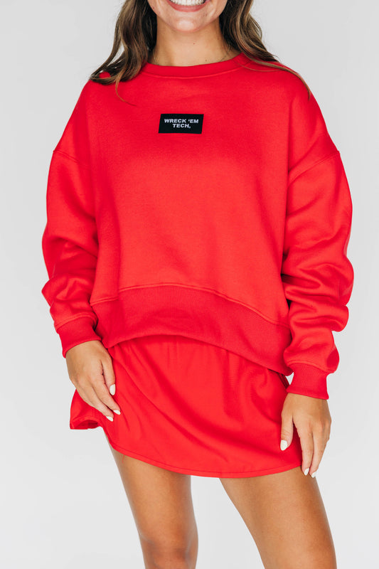 The Becca Boxy Crewneck Wreck 'Em Tech Woven Label | Bright Red