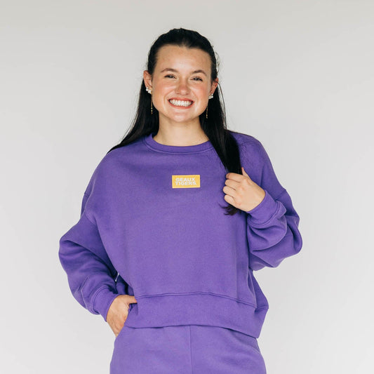 The Becca Boxy Crewneck Geaux Tigers Woven Label | Purple