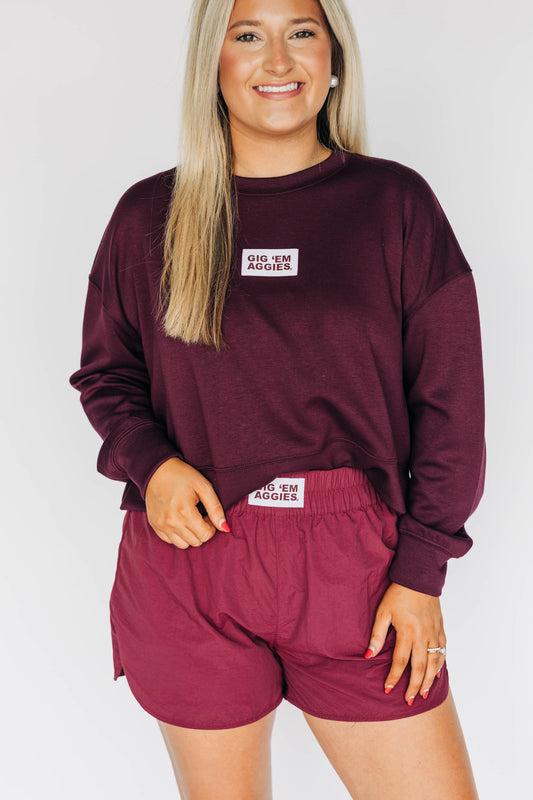 The Liz Nylon Shorts Gig 'Em Aggies Woven Label | Deep Maroon