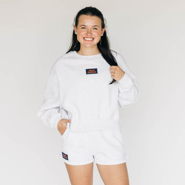 The Becca Boxy Crewneck War Eagle Woven Label | Ash