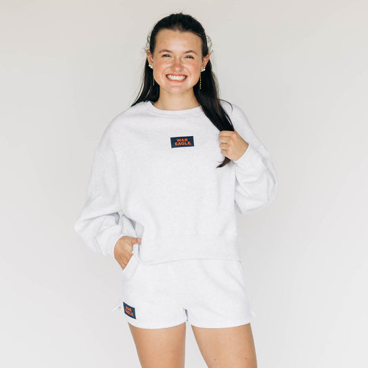 The Becca Boxy Crewneck War Eagle Woven Label | Ash