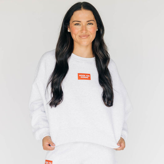 The Becca Boxy Crewneck Hook 'Em Horns Woven Label | Ash