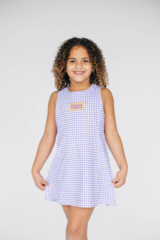 The Grace Gingham Dress Geaux Tigers Woven Label | Youth Purple Gingham
