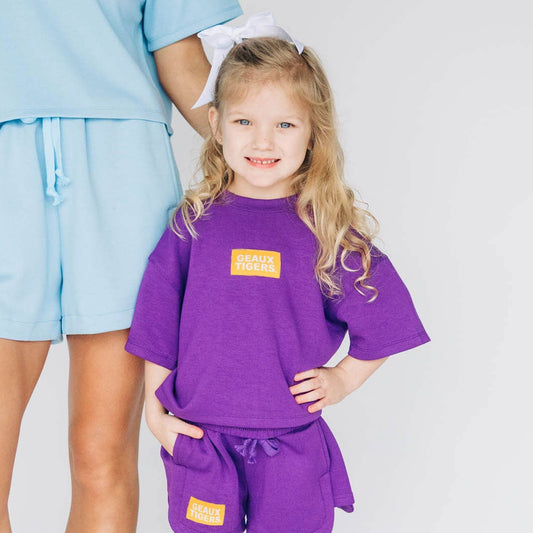The Kristen Airy Tee Geaux Tigers Woven Label | Youth Purple