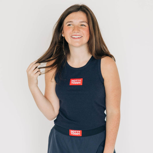 The Alli Ribbed Tank Hotty Toddy Woven Label | Navy