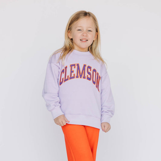 The Mallory Crewneck Clemson Applique | Youth Lavender
