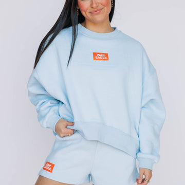 The Becca Boxy Crewneck War Eagle Woven Label | Light Blue