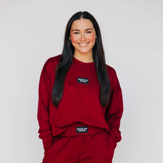 The Ava Airy Crewneck Wooo Pig Sooie Woven Label | Deep Red