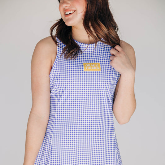 The Grace Gingham Dress Geaux Tigers Woven Label | Purple Gingham