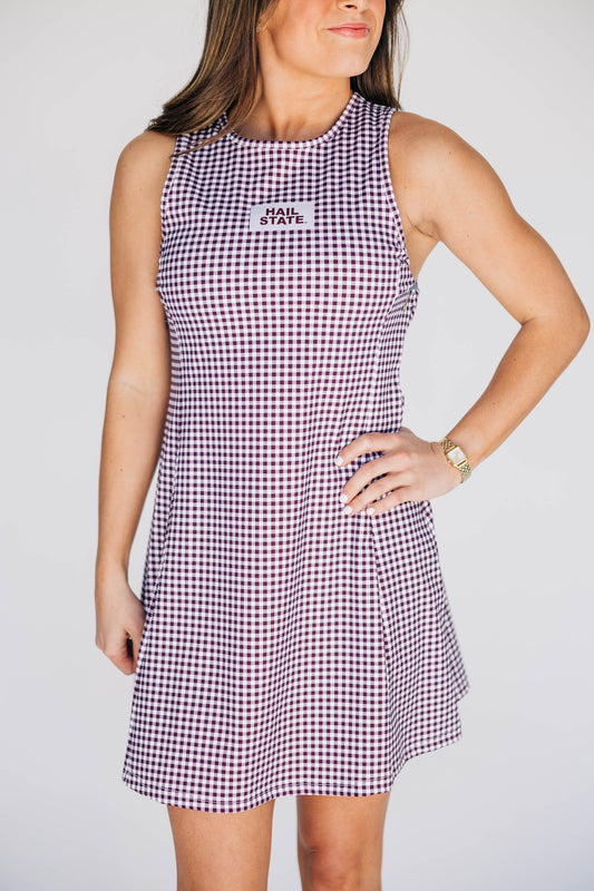 The Grace Gingham Dress Hail State Woven Label | Deep Maroon Gingham
