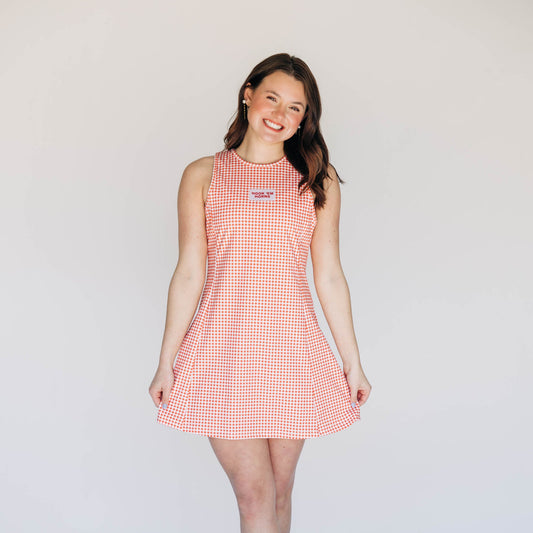 The Grace Gingham Dress Hook 'Em Horns Woven Label | Burnt Orange Gingham