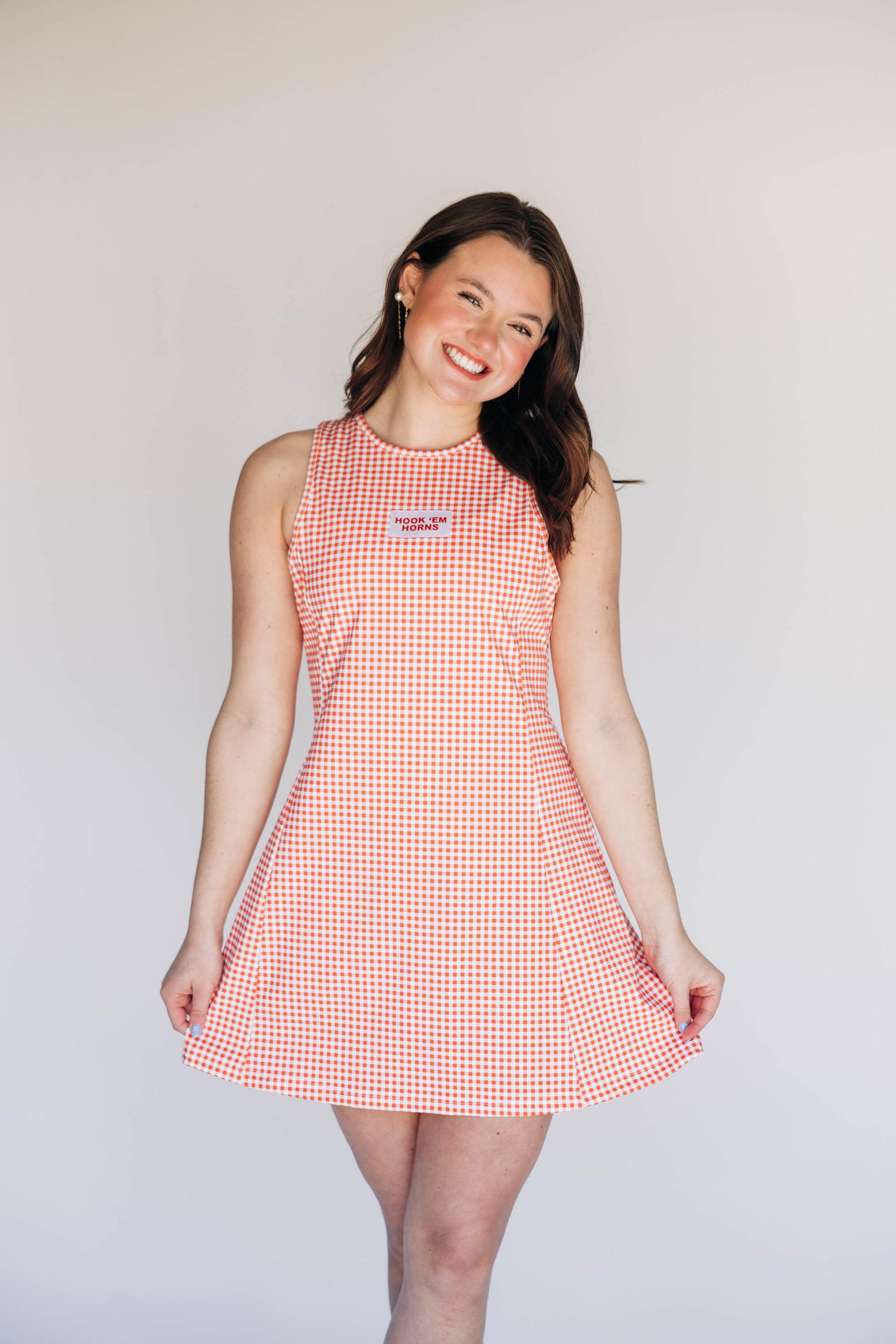 The Grace Gingham Dress Hook 'Em Horns Woven Label | Burnt Orange Gingham