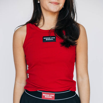 The Alli Ribbed Tank Woo Pig Sooie Woven Label | Crimson