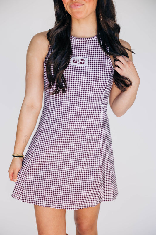 The Grace Gingham Dress Gig 'Em Aggies Woven Label | Deep Maroon Gingham