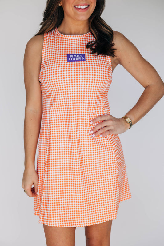 The Grace Gingham Dress Fight Tigers Woven Label | Orange Gingham