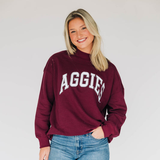 The Madi Classic Mockneck Aggies Applique | Deep Maroon - White Applique