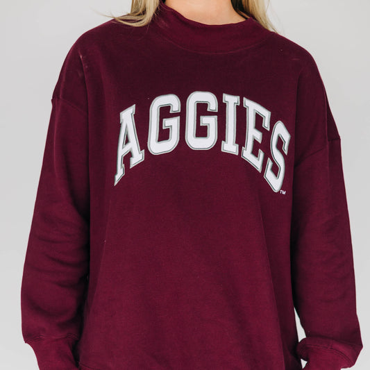 The Madi Classic Mockneck Aggies Applique | Deep Maroon - White Applique